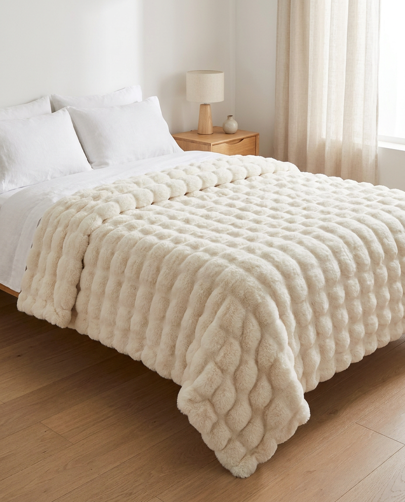 200 x 230 cm Snuglux blanket in Cloud over a queen bed