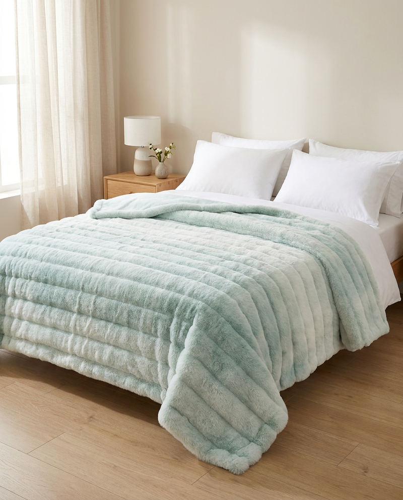180 x 200 cm Snuglux blanket in Sea Mist over a double bed