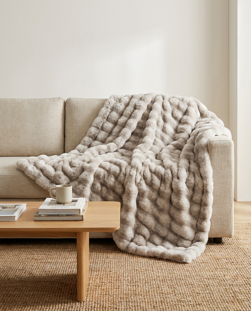 150 x 200 cm Snuglux blanket in Fog across a two-seater sofa
