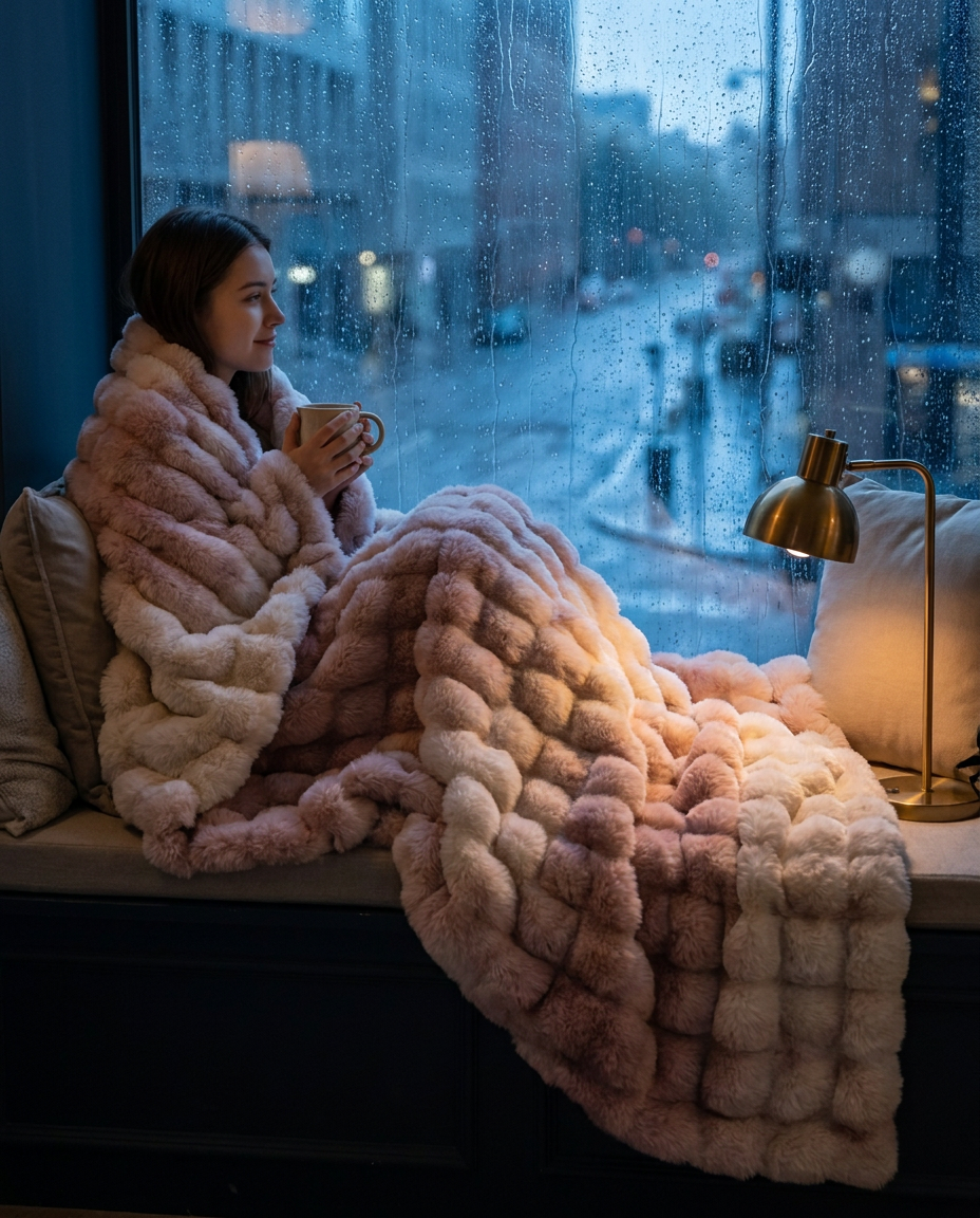 Woman wrapped in a Blush Haze faux fur blanket on a window seat watching the rain