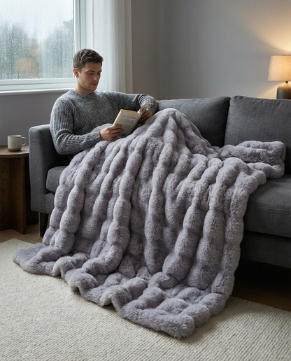 Snuglux blanket in Storm on a grey sofa on a rainy day