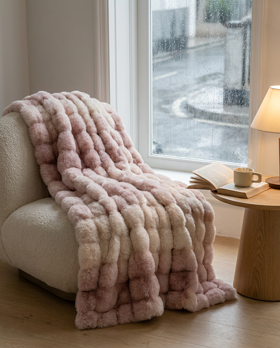 Blush Haze Snuglux blanket draped on an armchair by a rainy window