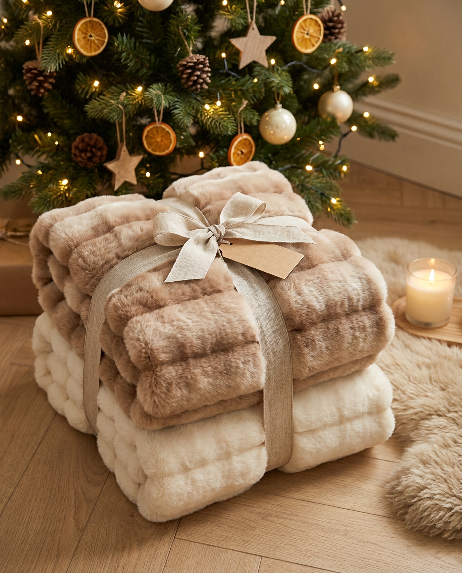 Two Snuglux blankets in Latte and Cloud tied with a ribbon as a gift
