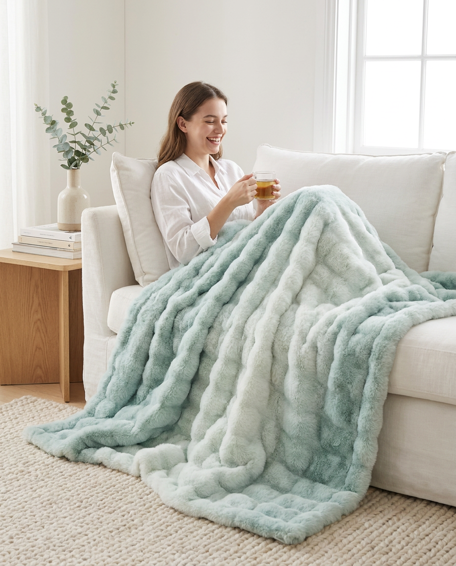 Snuglux blanket in Sea Mist on a bright white sofa