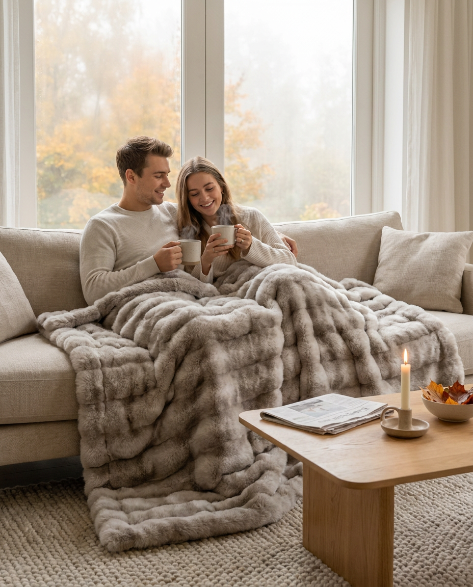 Snuglux blanket in Fog shared by a couple on a sofa