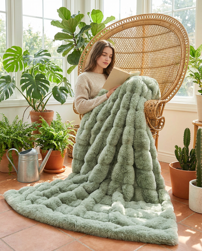 Snuglux blanket in Sage in a plant-filled sunroom