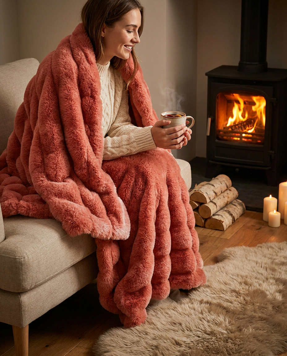 Snuglux blanket in Ember by a wood burner