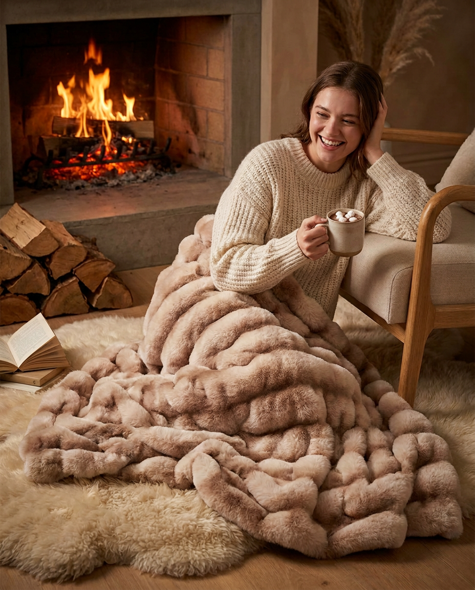 Snuglux blanket in Latte by a fireplace