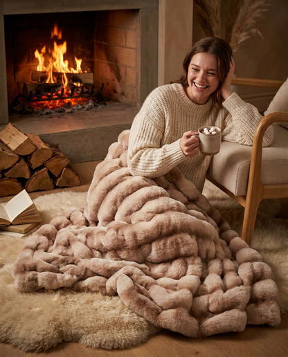 Snuglux blanket in Latte by a fireplace